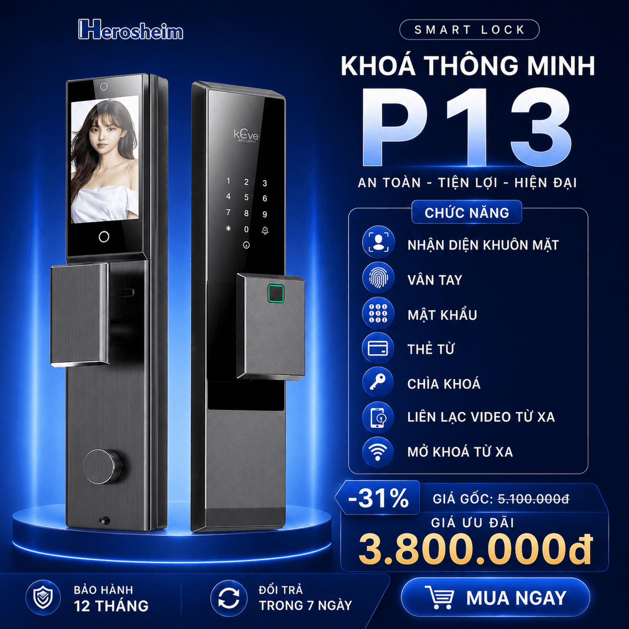 Khóa Cửa Thông Minh Vân Tay, Khuôn Mặt Herosheim P13