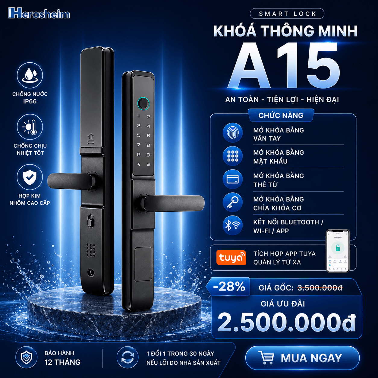 Khóa Cửa Thông Minh Vân Tay Herosheim A15