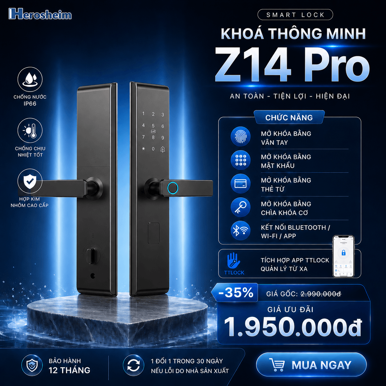 Khóa Cửa Thông Minh Vân Tay Herosheim Z14 Pro