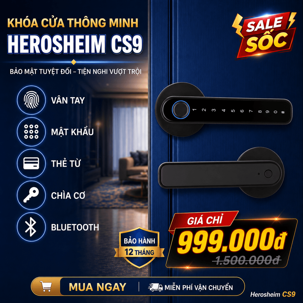 Khóa Cửa Thông Minh Vân Tay, Bluetooth, Mật Khẩu, Thẻ Từ Herosheim CS9