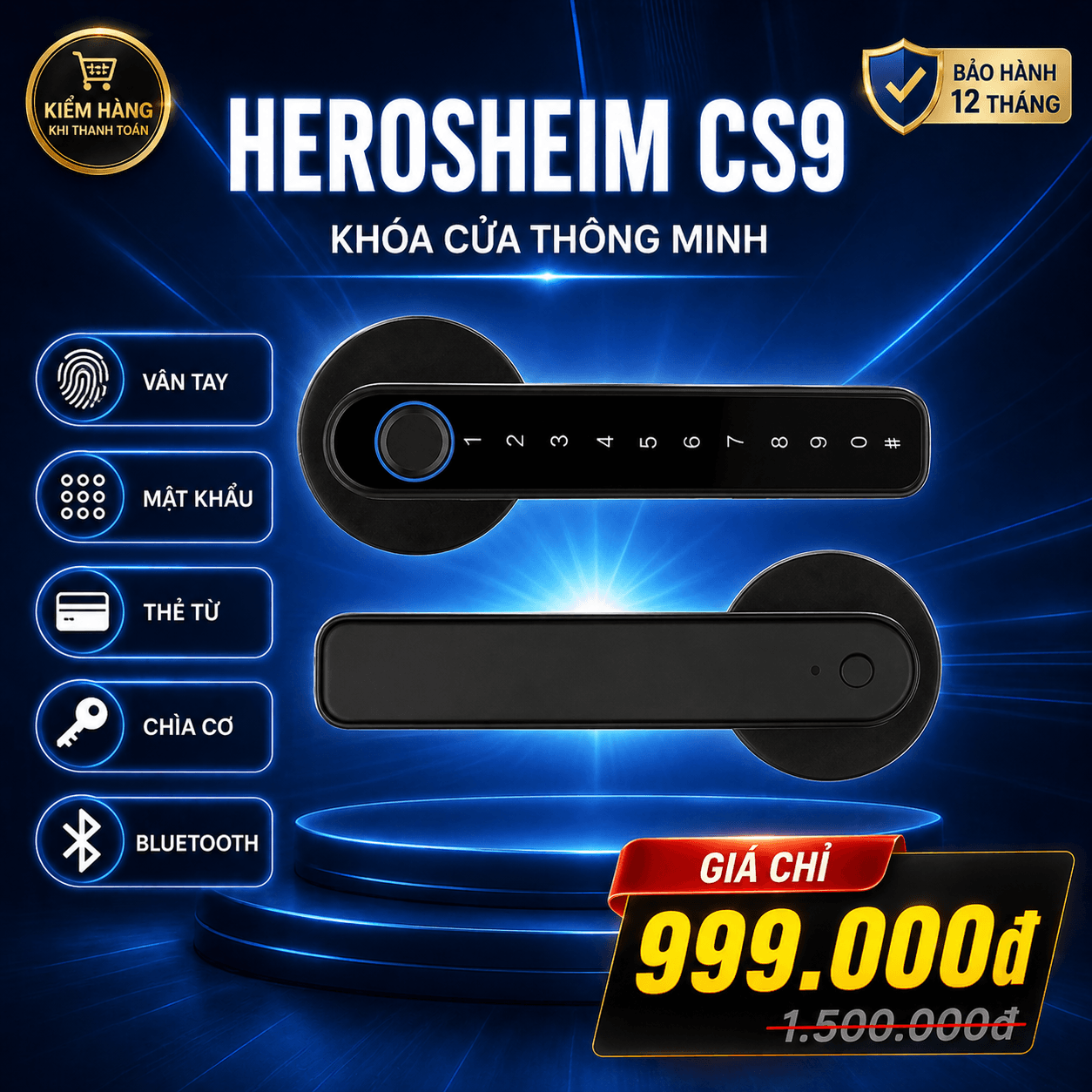 Khóa Cửa Thông Minh Vân Tay, Bluetooth, Mật Khẩu, Thẻ Từ Herosheim CS9