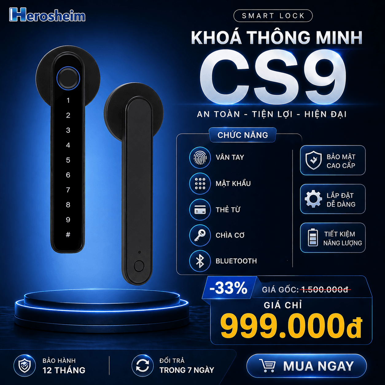 Khóa Cửa Thông Minh Vân Tay, Bluetooth, Mật Khẩu, Thẻ Từ Herosheim CS9