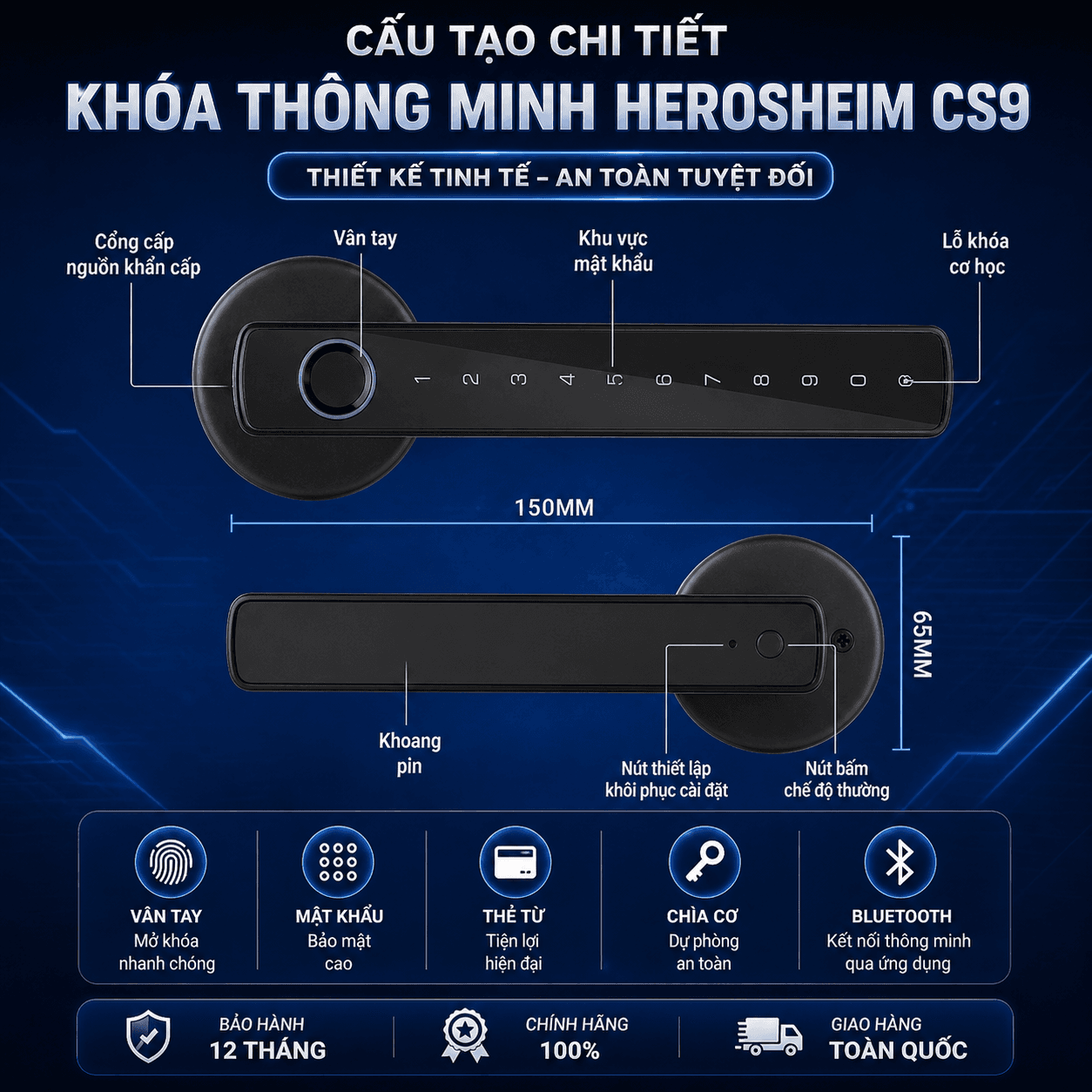 Khóa Cửa Thông Minh Vân Tay, Bluetooth, Mật Khẩu, Thẻ Từ Herosheim CS9