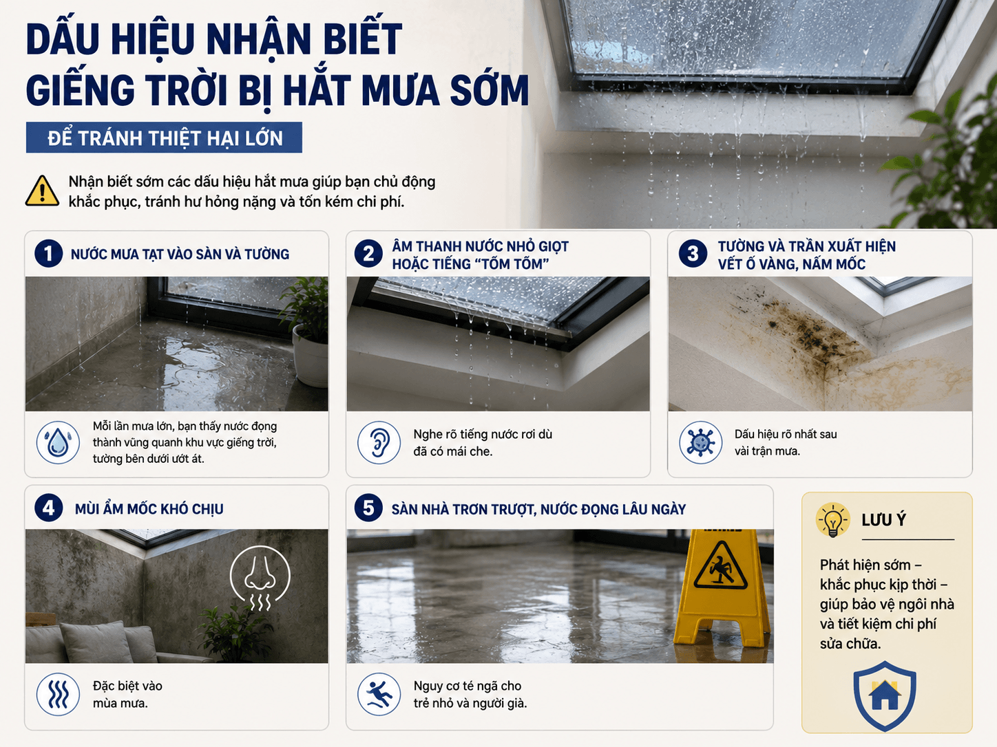 Dấu hiệu nhận biết giếng trời bị hắt mưa sớm để tránh thiệt hại lớn