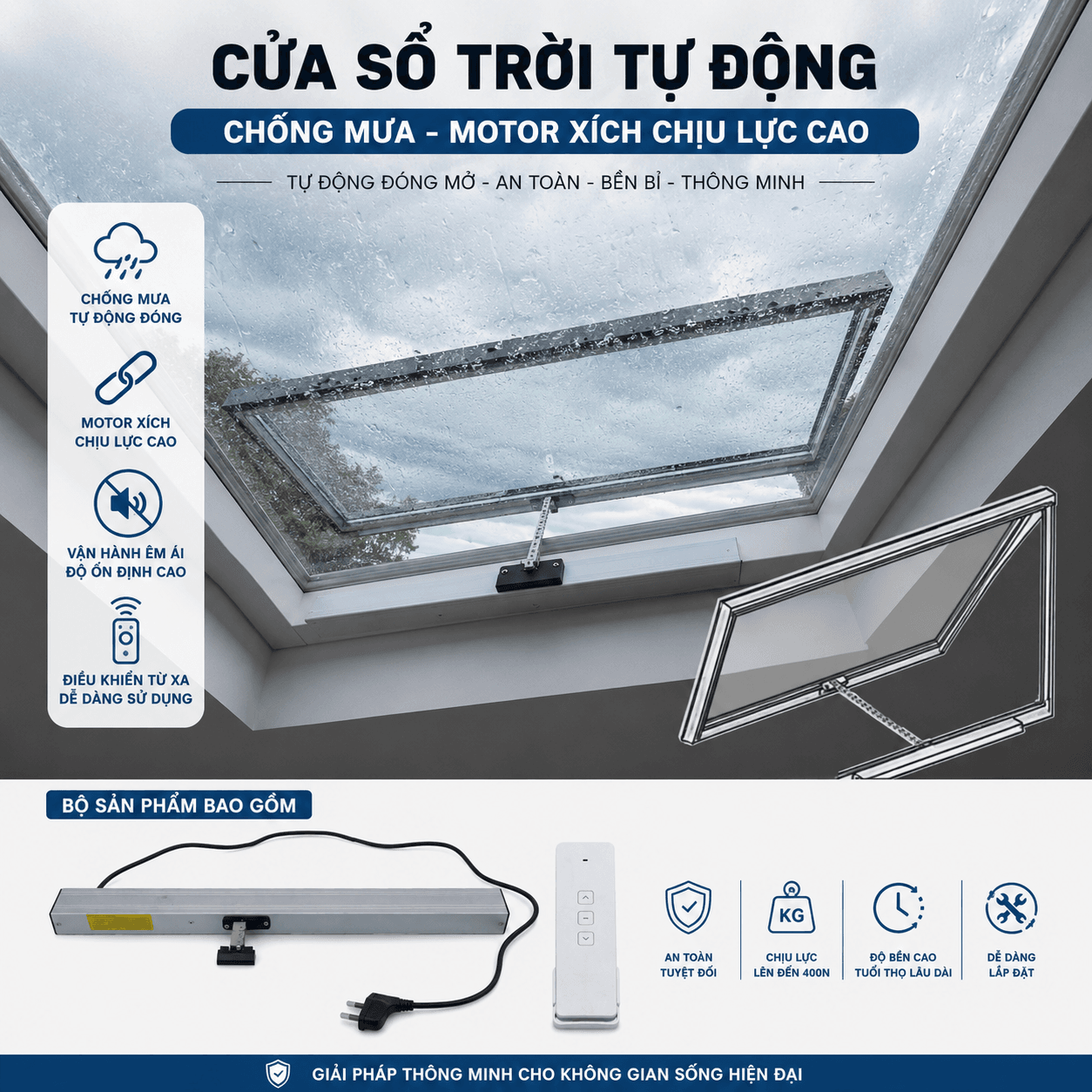 Cửa Sổ Trời Tự Động Chống Mưa, Chống Muỗi A102