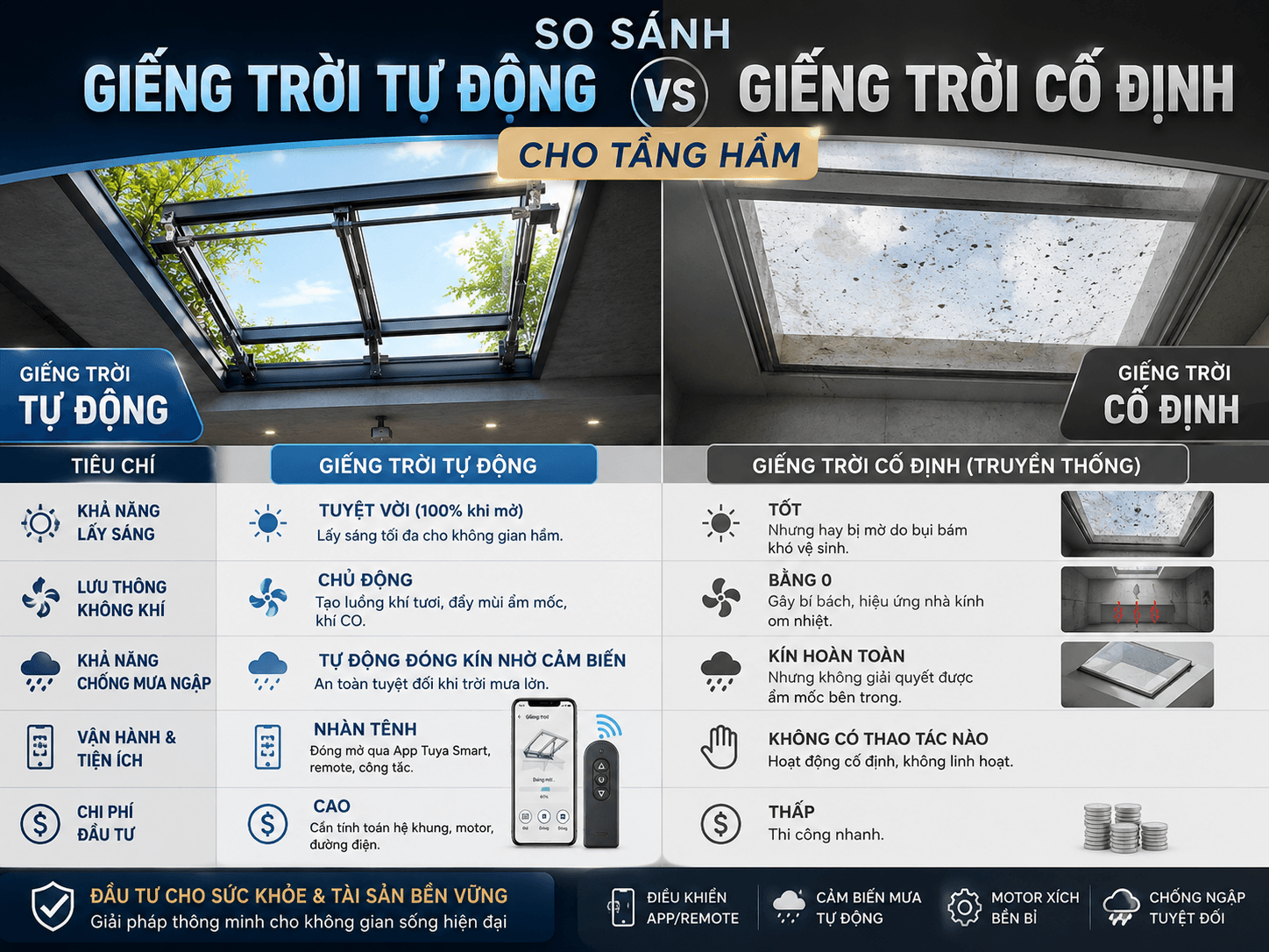 So sánh giếng trời tự động và giếng trời cố định cho tầng hầm