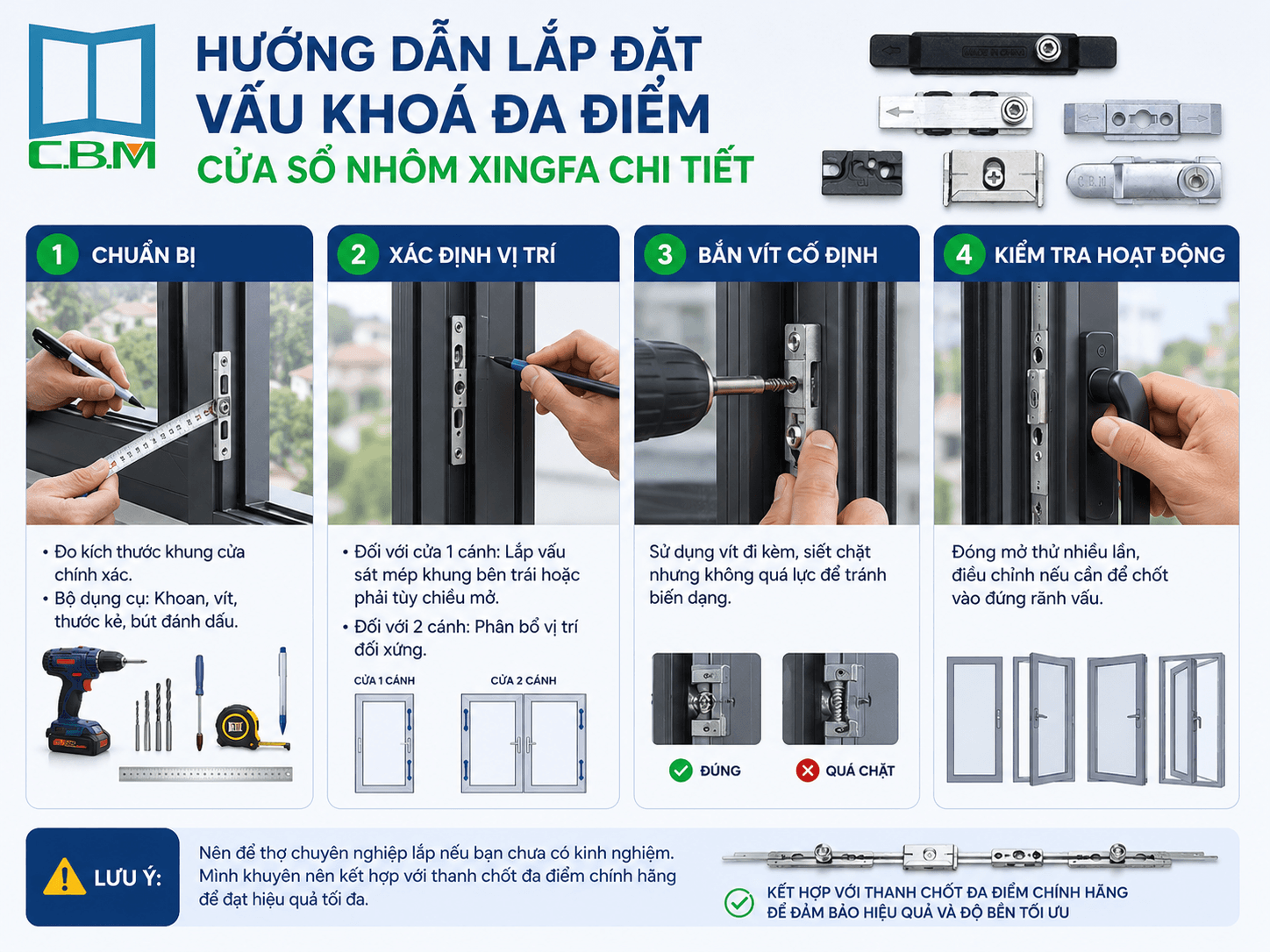 Hướng Dẫn Lắp Đặt Vấu Khoá Đa Điểm Cửa Sổ Nhôm Xingfa Chi Tiết