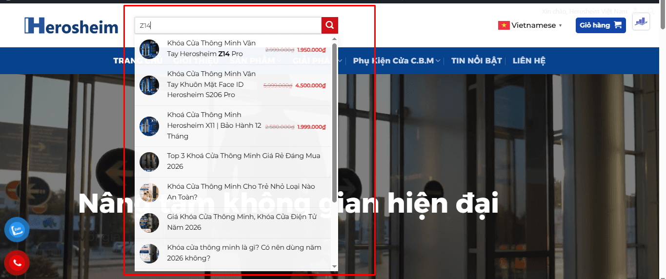 Tìm kiếm sản phẩm trên website Herosheim