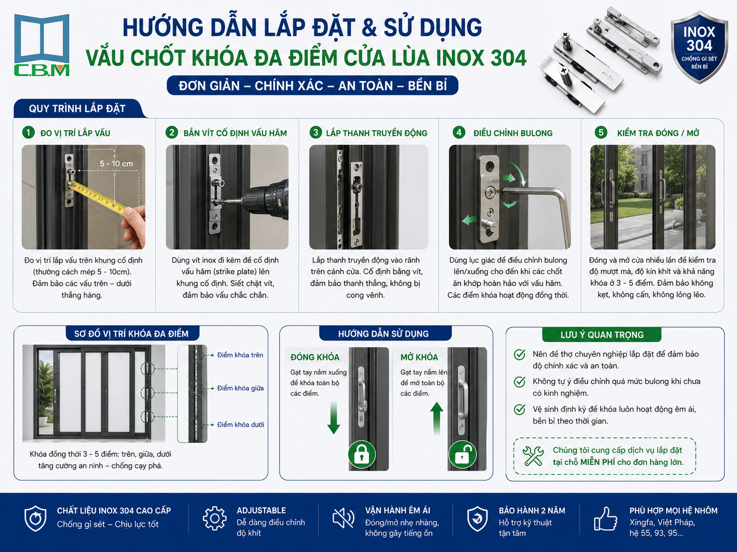 Hướng Dẫn Lắp Đặt & Sử Dụng Vấu Chốt Khóa Đa Điểm Cửa Lùa
