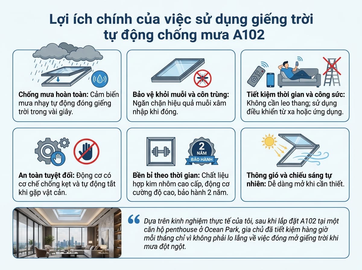 Lợi Ích Nổi Bật Khi Sử Dụng Cửa Sổ Trời Tự Động Chống Mưa A102
