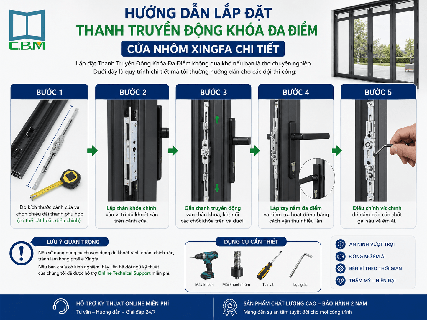 Hướng Dẫn Lắp Đặt Thanh Truyền Động Khóa Đa Điểm Cửa Nhôm Xingfa Chi Tiết