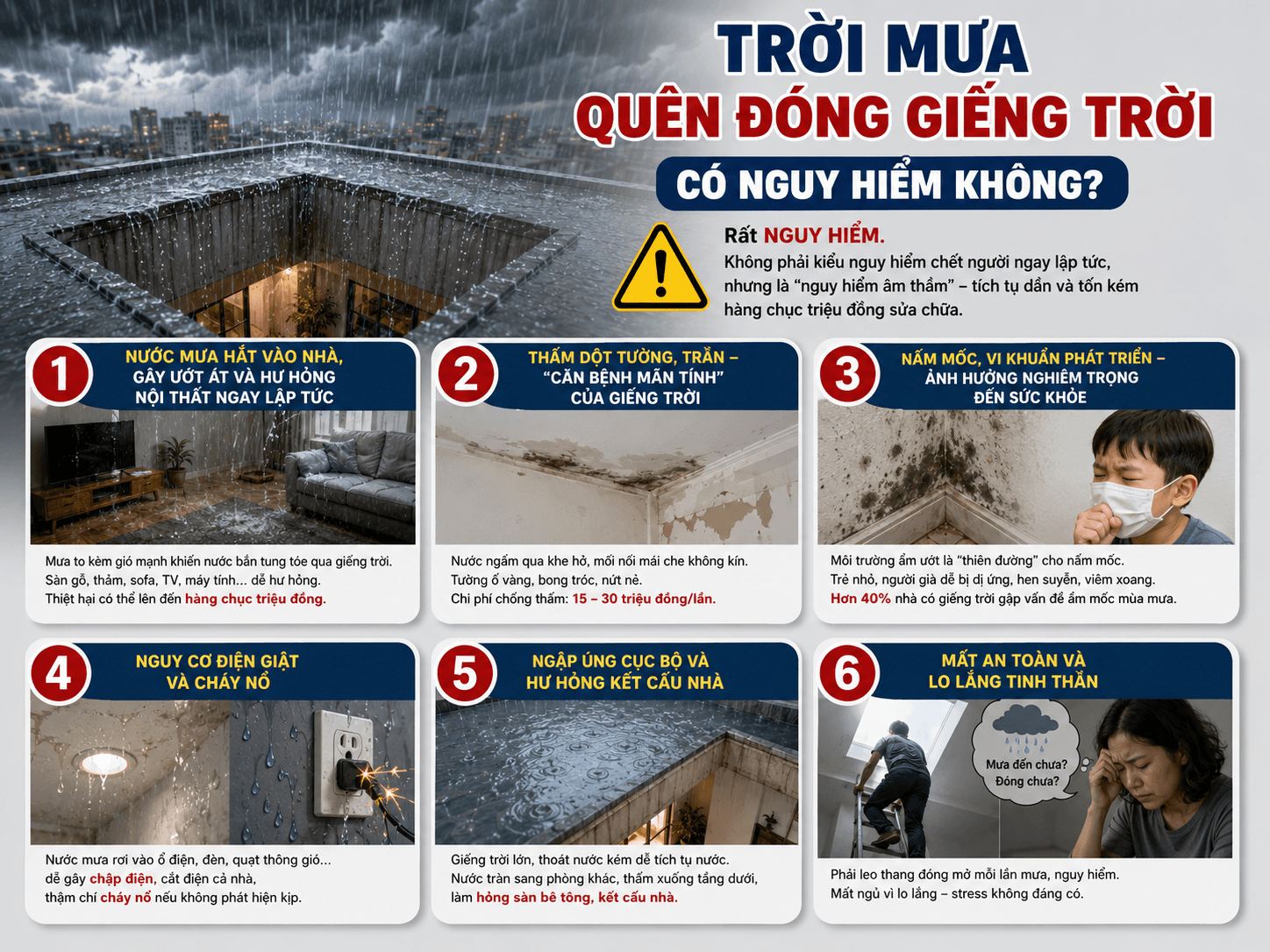 Phân tích 6 rủi ro thực tế nhất khi quên đóng giếng trời