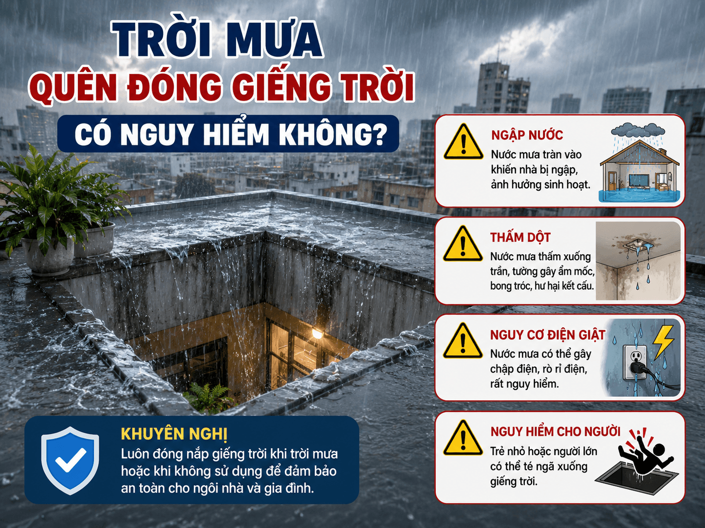 Trời Mưa Quên Đóng Giếng Trời Có Nguy Hiểm Không?