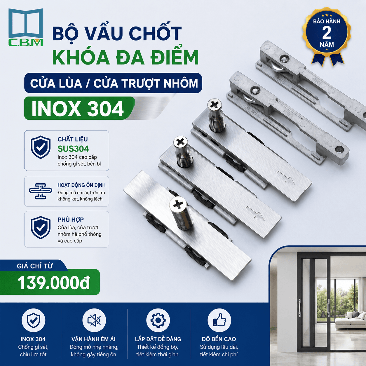 Bộ Vấu Chốt Khóa Đa Điểm Cửa Lùa/ Cửa Trượt Nhôm Inox 304