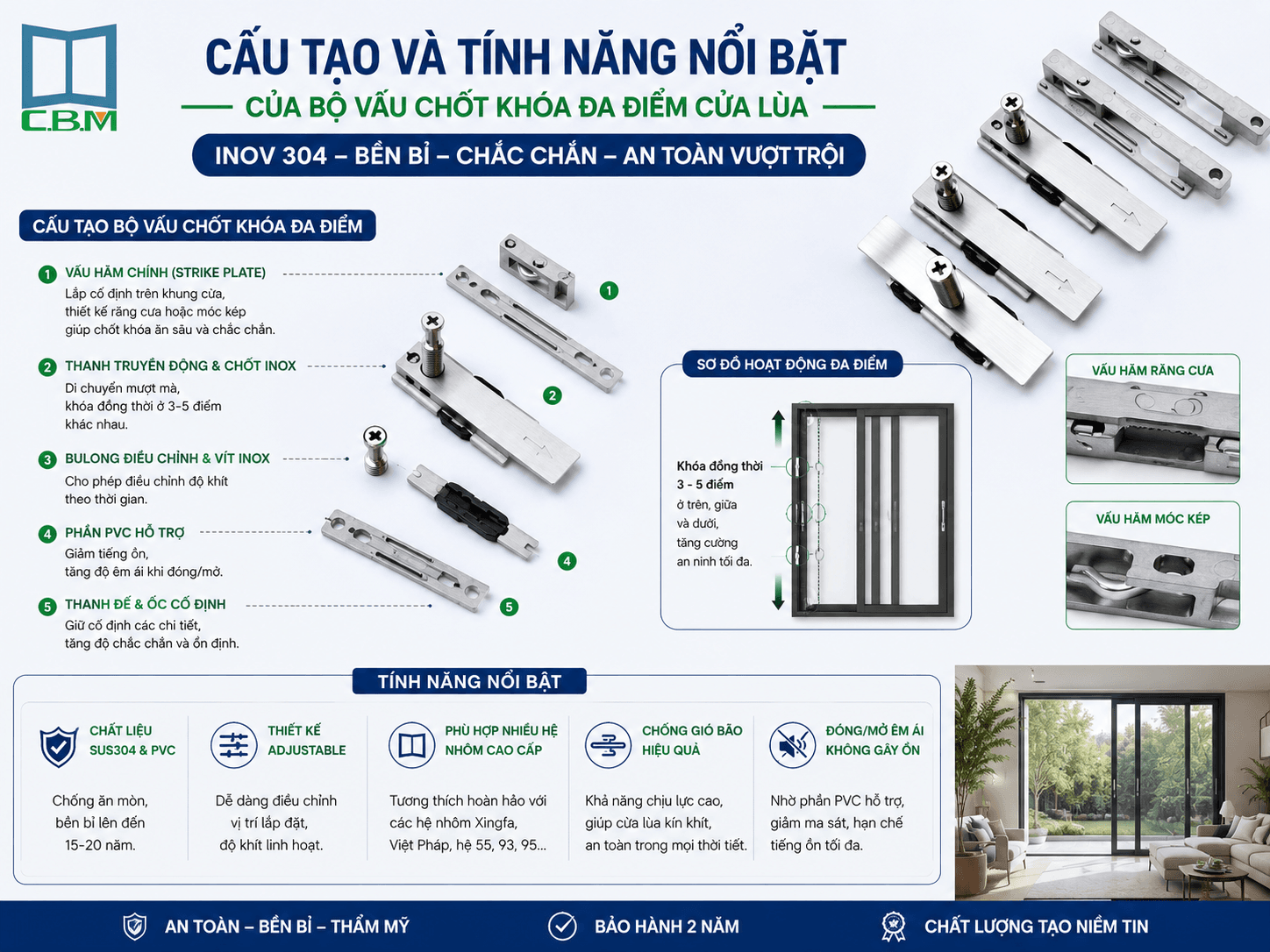 Cấu Tạo Và Tính Năng Nổi Bật Của Bộ Vấu Chốt Khóa Đa Điểm Cửa Lùa