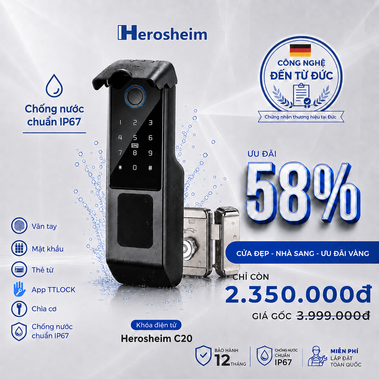 Herosheim C20 là mẫu khóa vân tay cửa cổng hướng tới nhu cầu sử dụng ngoài trời